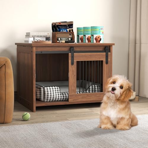 COSTWAY Hundekäfig Möbel, Hundebox für Zuhause, Hundehütte mit Schiebetür, Haustierkäfig aus Metall Holz, Beistelltisch modern, Indoor, für kleine & mittelgroße Hunde, 80 x 60 x 60 cm (Braun)