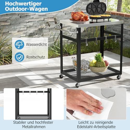 Generisch Grilltisch Outdoor, Servierwagen mit 2 Ablagen & 4 Rädern & Griff & 4 Haken, Pizzatisch Beistelltisch Grillwagen für Hinterhof, Garten, Terrasse (2 Ablagen), Schwarz + Silber