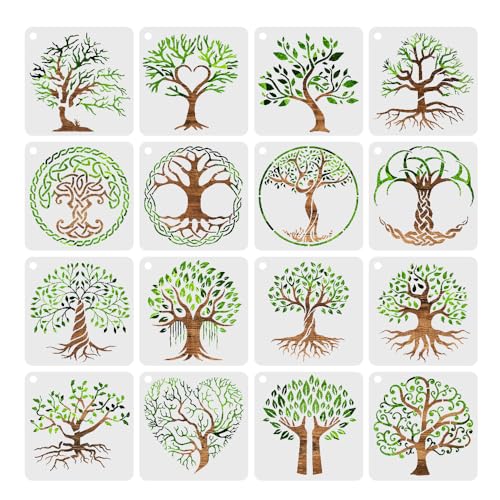 HLIWS Tree of Life Pattern Stencils-16 pcs Plastic Tree Drawing Painting Stencils,Reusable,for Painting on Wood,Canvas,Paper,Fabric,Floor,Wall