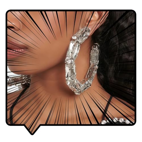 RELOVET Oversized Crystal Hoop Earrings, Rhinestone Embellished, Silver Large Statement