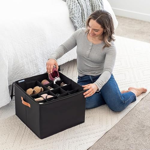 Image of RENVA 12 Pairs Shoe Organizer for Closet, Foldable Shoe Storage Bins with Clear Cover, Large Shoe Box Storage Container with two sides PU handles, Fits up to 12 Pairs. (Black)