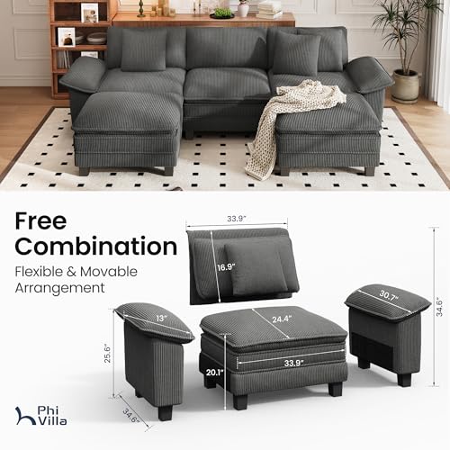 Image of PHI VILLA Cloud Modular Couch Sets, 123.6 inch Oversized Sectional Sofa with U-Shaped Chaise, 5-Seater Couches with 2 Movable Ottomans for Living Room, Corduroy Grey