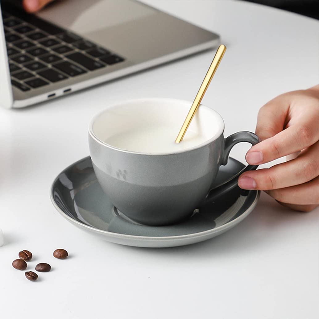 Ceramiczny kubek do cappuccino, ceramiczne filiżanki do kawy ze spodkami, nadają się do kuchenki mikrofalowej, zmywarki, idealny do herbaty, espresso, latte, porcelanowych kubków do kuchni lub kawiarni, szary, 550 ml