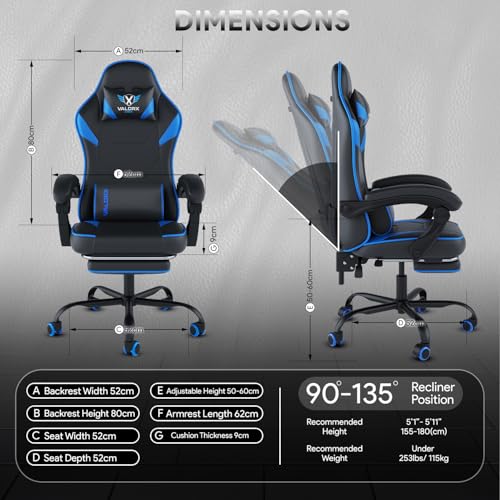 Image of ValorX USA Striker 2026 Edition | Ergonomic Gaming & Office Computer Chair | Premium PU Leather | Dual Massager Back Support | Adjustable Neck & Lumbar Pillow | Ergo Sync Armrests | Footrest (Blue)