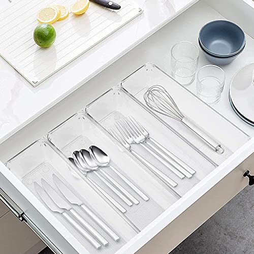 Image of Zollyss 4 Pcs Clear Plastic Clothes Drawer Organiser Trays, Multipurpose Drawer Storage Bins for Wardrobe, Closet, Vanity, Makeup & Office Desk, Clear