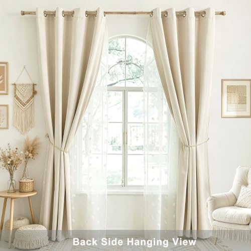 Image of Beige Room Darkening Curtain for Girls Nursery Bedroom 52x63 Inch | 80% Blackout Double Layer Curtains with Pom Pom Sheer Overlay, Grommet Privacy Drapes for Toddler Bedroom Decor, 2 Panels