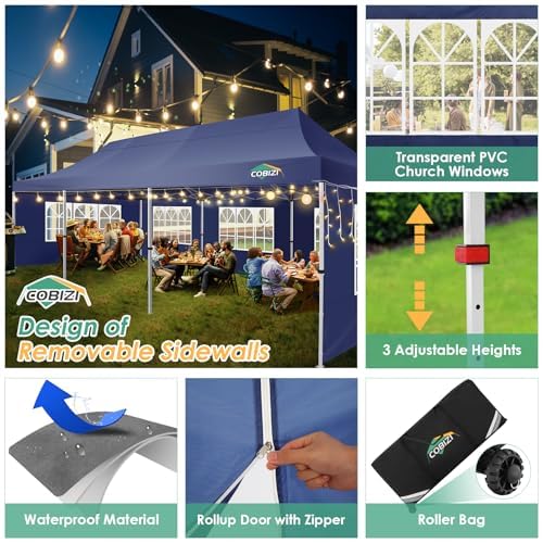 Image of COBIZI 10x30 Pop Up Canopy Tent with 8 Removable Sidewalls, Easy Setup Canopy with Roller Bag & Sandbags,Waterproof and UPF50+ Gazebo Tent, Outdoor Gazebo for Party Wedding BBQ Events,(White.