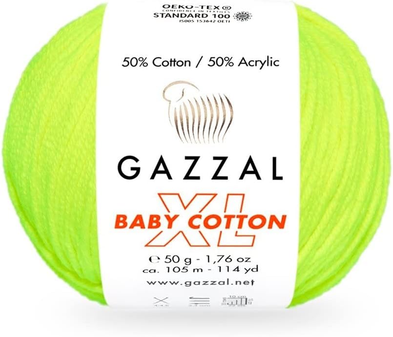 3 Pack (Skein) Gazzal Baby Cotton XL, 50% Soft Cotton 50% Acrylic, Each Ball 1.76 Oz (50g) / 114 Yards (105m), DK- Worsted, Knitting Yarn, Amigurumi Yarn, Baby Yarn, 3462