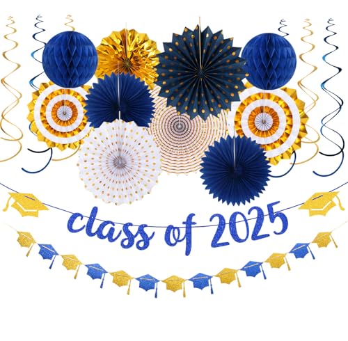 Navy-Blue Gold Party-Decorations Graduation Banner-Streamers - 18pcs Kits Class of 2025 Garland, Paper Tissue Pom Poms Fan, Honeycomb Lanterns Congrate Grad Congratulations Decor Panduola
