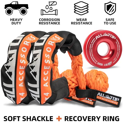Image of ALL-TOP Synthetic Soft Shackle & Recovery Ring Kit (2PCS 3 /4in x 24in - 66200LBS Shackles + 1 Red Snatch Pulley Ring) for Winch Tackle Pulley System