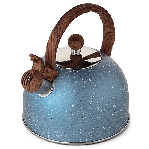 Tea Kettle, VONIKI 2.5 QT Tea Pots for Stove Top Whistling Teapot Stovetop Stainless Steel Tea kettle for Stove Top Loud Whistle Tea Pot With Wood Pattern Handle Tea kettles Water Kettle Light Blue