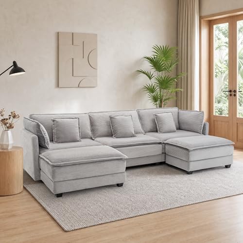 Image of Corduroy Sectional Couch, 3 Seater 113 inch U Shaped Cloud Couch with 2 Ottomans, Modular Deep Seat Sofa with Pillows for Living Room, Apartment, Lightgrey