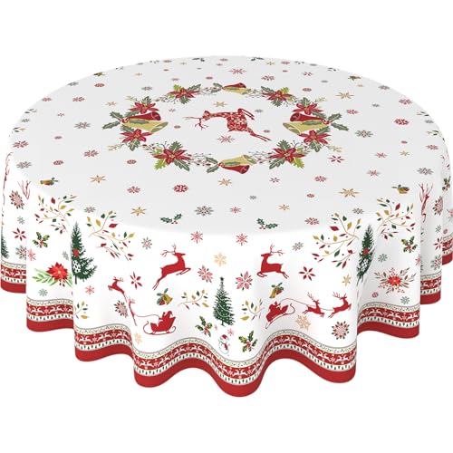 Sonalied Round Christmas Tablecloth 70 Inch, Washable Elegant Farmhouse Winter Holiday Xmas Christmas Table Cloths Round, White