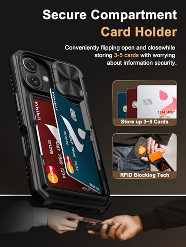 Image of Vihibii for iPhone 16 Case Wallet with Card Holder (4 Cards) [RFID Blocking] & Slide Camera Cover, Military Grade Drop Protection, Rugged Hard Back & Silicone Edge Phone Case, 6.1 inch 2024, Black