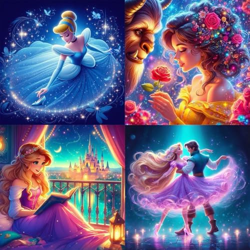 KEYRANKE 4 Pack Diamond Painting Kits for Adults 5D DIY Princess Diamond Art Kit Paint with Round Full Drill Diamonds for Beginners Gem Paintings Art for Home Wall Decor Gifts (12X12 Inch)