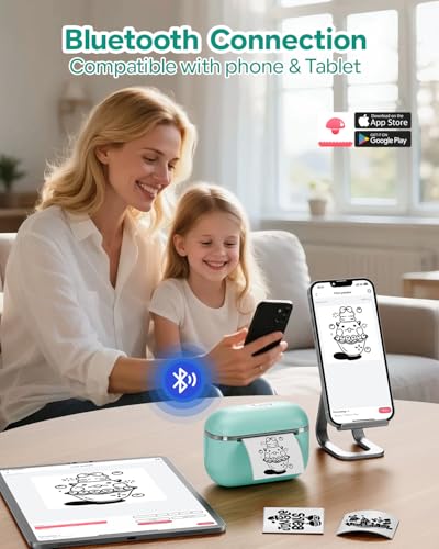 Image of Mini Sticker Printer - T02E Thermal Sticker Printer with 6 Rolls Paper, T02E AI Smart Portable Bluetooth Inkless Printpods, for Kids DIY Journal, Diaries, Photos, Study Notes, Gift