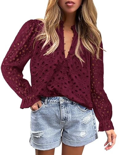 PRETTYGARDEN Women's Dressy Casual Blouse Tops Fall Spring Puff Long Sleeve Button V Neck Hollow Out Lace Embroidered Shirts