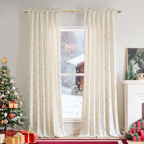 Image of Beauoop Christmas Cream Velvet Curtains 84 Inches Long 2 Panels for Bedroom Living Room Gold Snowflake Holiday Decor Thermal Insulated Room Darkening Rod Pocket Window Treatments Drapes, 52X84