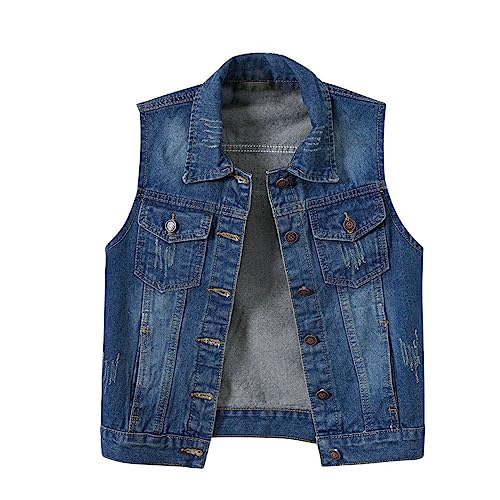Chalecos vaqueros para mujer, color azul oscuro, chaleco vaquero sin mangas, chaqueta de hombro de mezclilla, corte ajustado, solapa con bolsillos en el pecho, chaqueta vaquera corta acanalada, ligera
