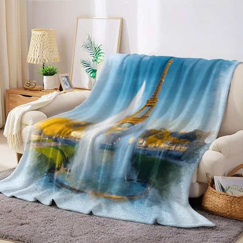 Blau Kuscheldecke Eiffelturm in Paris Flauschig Decke 100 x 130 cm Druck Fleecedecke Wohndecke Warm Weich Flanell Sofaüberwurf Tagesdecke Couchdecke Sofadecke