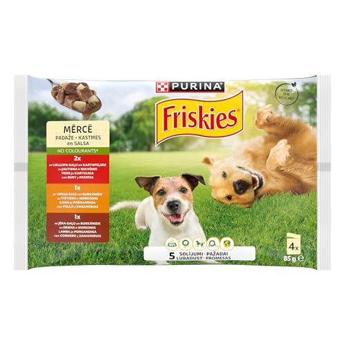 Purina Friskies Cibo umido per cani in salsa con pollo, agnello e bue, 10 confezioni da 4 buste da 85 g