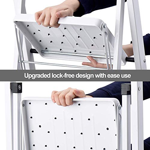 ACKO Folding 4 Step Ladder with Convenient Handgrip Anti-Slip Sturdy and Wide Pedal 300lbs Portable Steel Step Stool White and Black 4-Feet