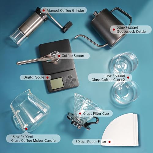 SuperCook Conjunto de café com gotejamento manual, tudo em um inclui chaleira pescoço de ganso, gote
