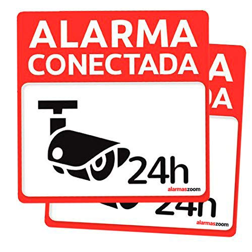 Pack 2 carteles disuasorios rígidos para pegar o sujetar alarma conectada 24 horas PVC diseño exterior para colgar casa empresas talleres Cover
