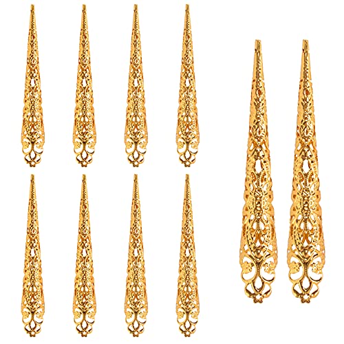 AORAEM Finger Nail Tip Claw Rings Set,10Pcs Gold Long Claws Fake Nails Ring Fingernail Claws Protection Dance Accessories for Women Halloween Dance Party (Gold)
