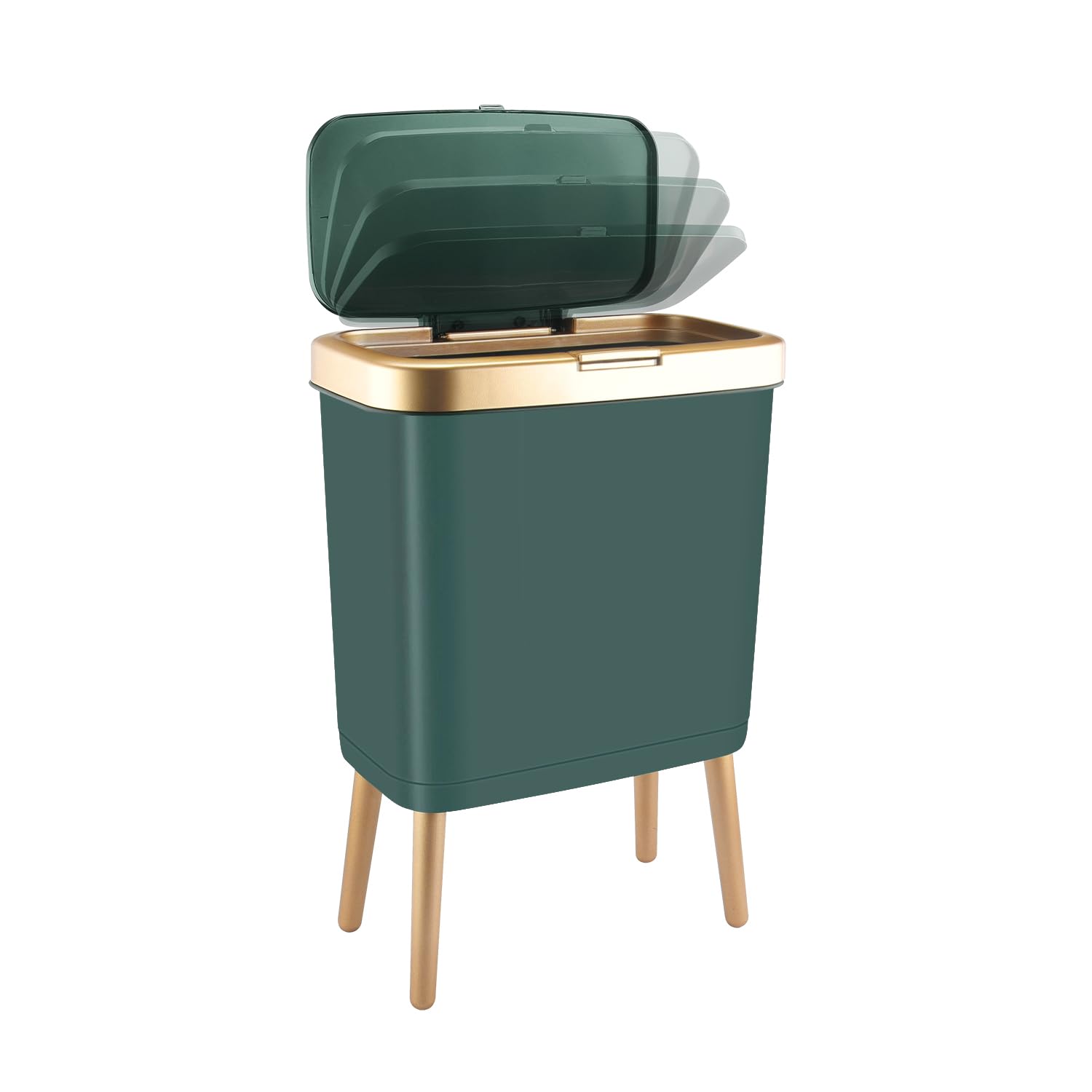 Trash Can with Lid, Plastic Garbage Can with Push Button, Modern Waste Basket for Kitchen, Slim Bedroom Garbage Bin, 15L Bathroom Trash Can for Home, Living Room, Toilet, Office (Gold Edge) Green with Gold Edge