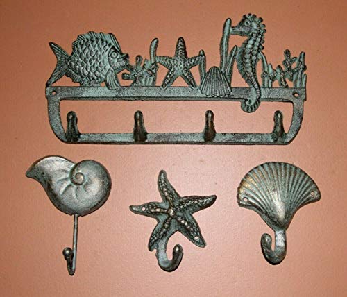 Southern Metal Sea Life Seashells Bathroom Decor, Towel Bar Hooks Rack, Bronze Look Cast Iron, 4 Items