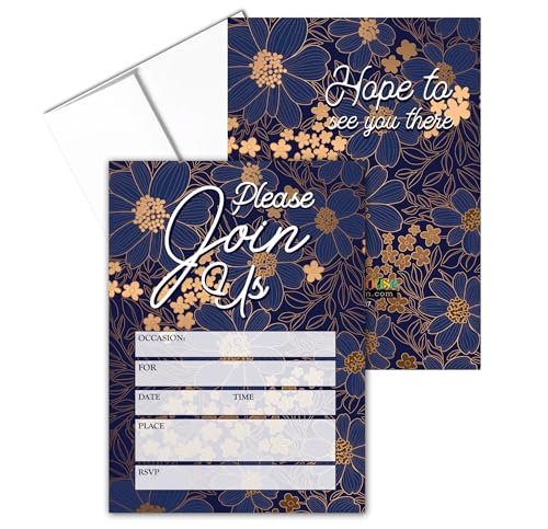 Stonehouse Collection - Formal Navy and Gold Invitations - Floral Wedding Party Invitations, Let's Celebrate Design, for Weddings, Showers, Birthdays (Navy and Gold Floral)