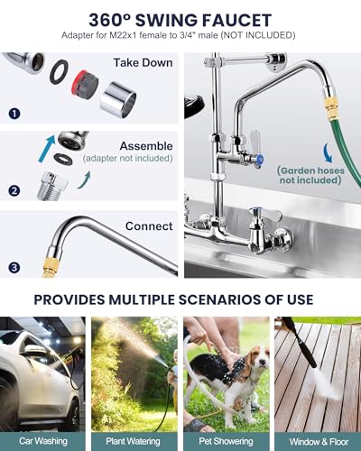 25\" Height Commercial Faucet Wall Mount with Sprayer 8\" Adjustable Center 9.6\" Swing Spout, Kitchen Sink Faucet with Pull Down Pre-Rinse Sprayer for Restaurant Industrial Kitchen,Chrome - Thumbnail 5