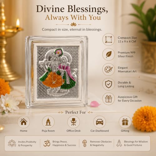 Image of 999 Silver Meenakari Radha Krishna Photo Frame for Home Decor & Puja Room | Designer Shyam Radhika Kanha Banke Bihari Silver God Frame for Office Desk, Tabletop, Auspicious Wedding, Housewarming, Return Gift- 11x9x4 CM