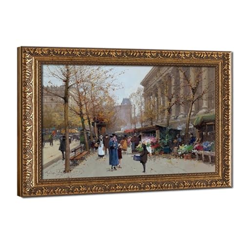 Impression sur toile La Madeleine Eugene Galien-Laloue Marché aux fleurs 50x75 cm avec cadre