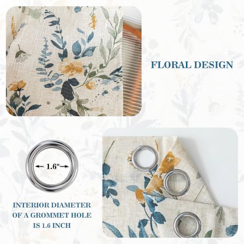 Image of MYSKY HOME Floral Linen Curtains 84 inch Length 2 Panels Set Patterned Semi Sheer Light Filtering Privacy Farmhouse Grommet Drapes for Living Room Bedroom, Yellow and Blue, 52 inch Wide Each Panel