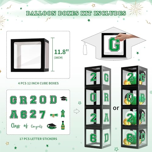 Image of Party Spot！2026 Green and Gold Graduation Party Decorations,124 PCS Graduation Decorations Class of 2026,4 PCS Balloons Boxes with LED Light String & Letters 2026 GRAD So Proud of You