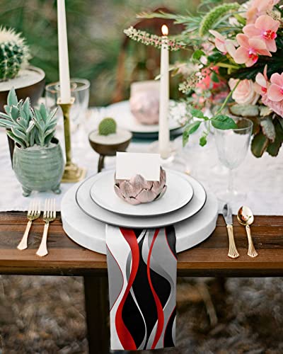 Kitchen Cloth Napkins 3D Abstract Lines On Black,Dinner Napkins Soft Table Napkin Set Of 4,Red White Grey Gradient Wave Durable Polyester Cloth Napkins For Wedding Cocktail Party #TOP3