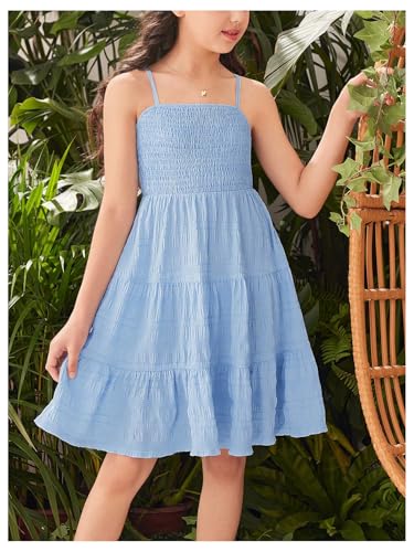 WDIRARA Girl's Summer Ruched Shirred Ruffle Hem A Line Cami Dress High Waist Flared Solid Short Dresses3