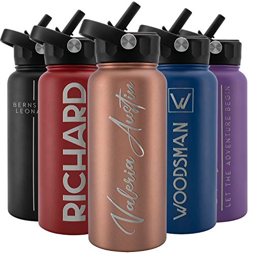 Amazing Items Personalized Water Bottle with Straw Lid, 32 oz - Rose Gold | Custom Stainless Steel Sports Water Bottle w  Name and Text - Double Wall + Vacuum Insulated - Rotating Handle