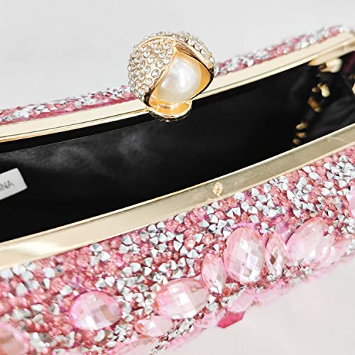 Image of Boutique De FGG Mini Pearl Clasp Crystal Clutch Purses for Women, Evening Bags Wedding Handbag, Party Rhinestone Clutch Bag