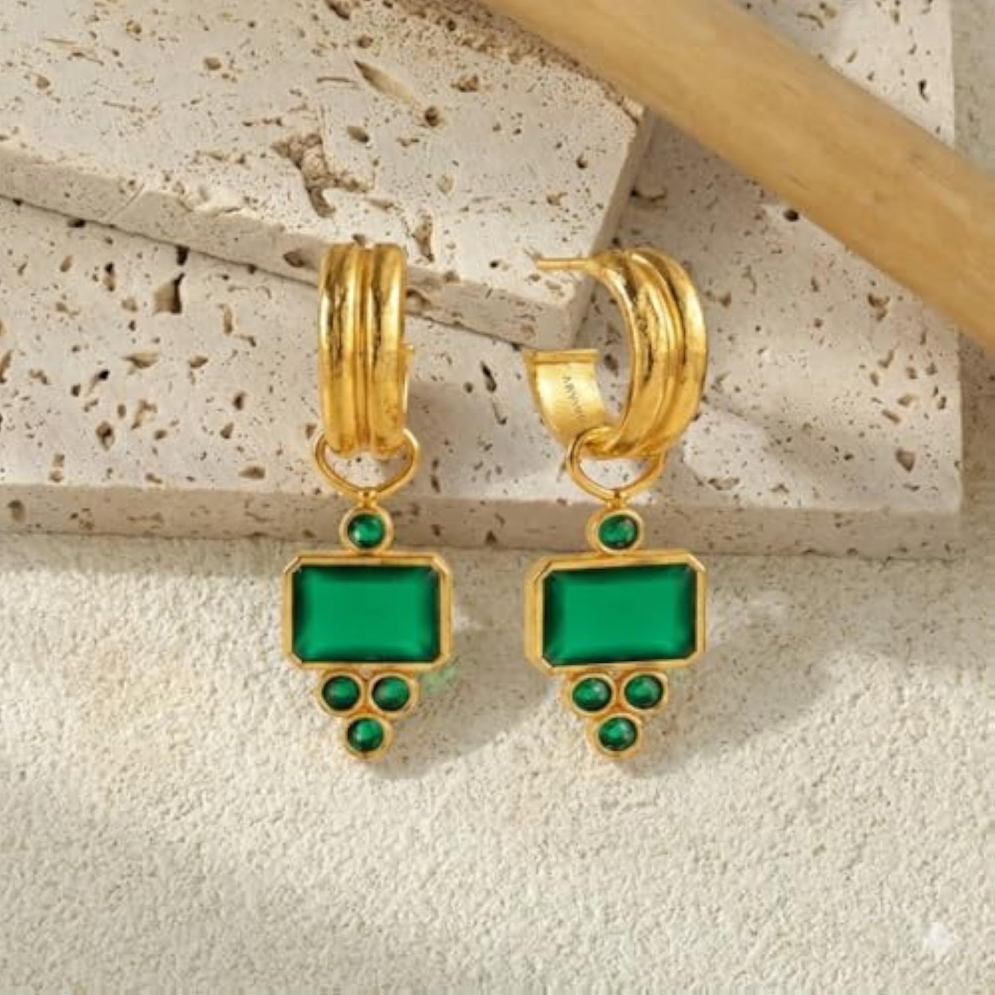Women's Gold Emerald Green Onyx Dangle Drop Earrings, Elegant Gift