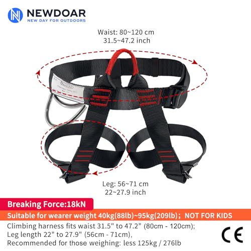 NewDoar Klettergurt, Bergsteiger-Klettergurt, Halbkörpergurt, Taillen-Hüftschutz, verstellbarer Sicherheitsgurt zum Abseilen, Feuerrettung, Baumklettern, Baumpfleger mit Testbericht(Schwarz)