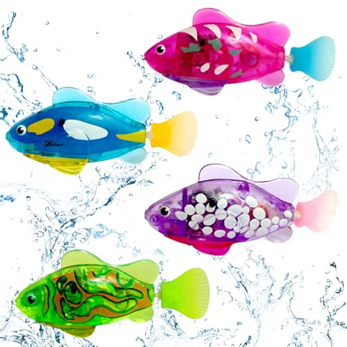 DAJASD 4 Piezas Robo Fish, Peces de Juguete, Reutilizable Peces Electrónicos, Peces Robot, Robofish Pez con Luz, Pez Robot Juguete, Peces Flotantes, Robot Peces Bañera para Niños Mascotas