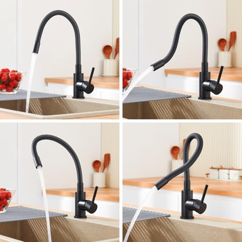 Auralum Niederdruck Armatur Küche Schwarz, Flexibler Wasserhahn Küche 3 Anschlüsse, Küchenarmatur Niederdruck 360° Drehbar, Mischbatterie Küche für Boiler, Spültischarmatur mit Hoher Auslauf