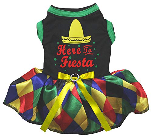 Petitebella Mexican Hat Here to Fiesta Puppy Dog Dress (Black/Rainbow Plaids, X-Small)