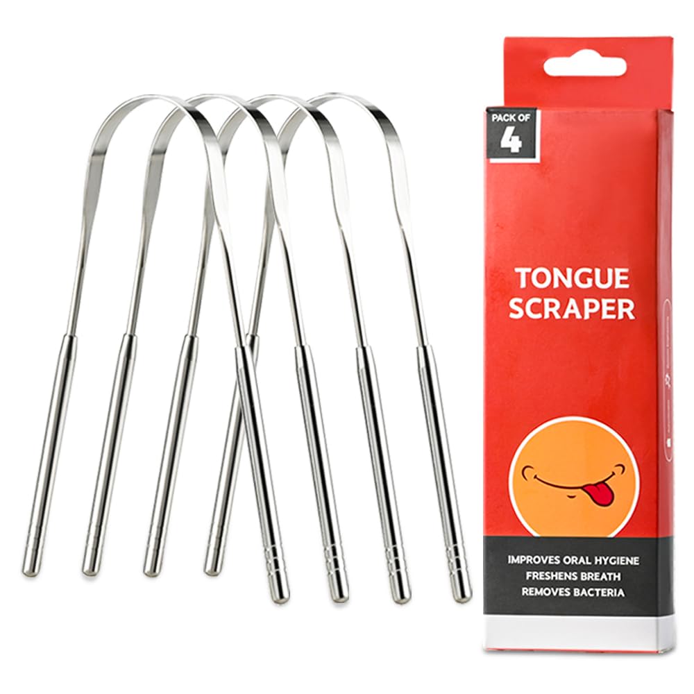 VIWIK Limpador de Língua em Aço Inoxidável 4 Pacotes – Sem BPA, Fácil de Usar, Suave para a Língua, Promove Hálito Fresco & Higiene Oral – Durável, Resistente à Ferrugem, Ideal para Adultos & Crianças
