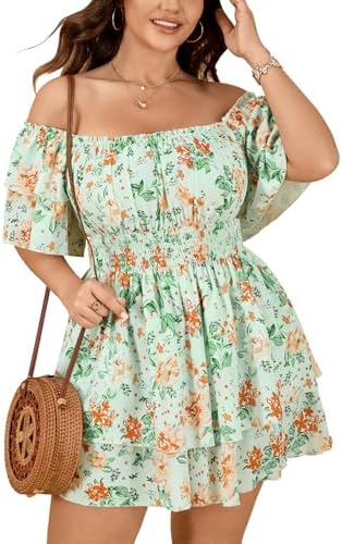 SCOMCHIC Women Plus Size Romper Dress Summer Off The Shoulder Squ...