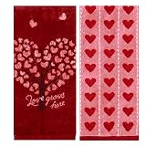 SeasonsEasy Valentine Bath Hand Towels, Set of 2 Red Cotton Terry Velour Towel with Hearts and Embro