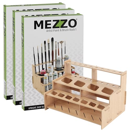 Image of HG Art Concepts Mezzo Artist Paint and Brush Racks - Wood Grain Laminate Multi Layer Desk Stand Professional Storage Display Organizer for Paintbrushes and Tubes - Straight Rack 1, 3 Pack